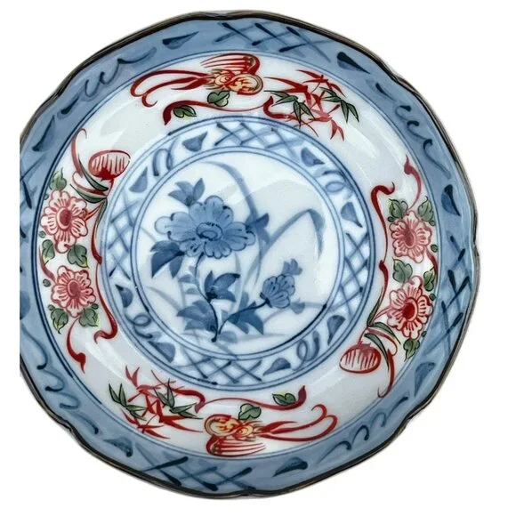 Set Of 4 Vintage 1960s Japanese Porcelain Saucers Hand-Painted Floral Blue & OJ - Picture 5 of 9